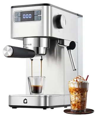 Obrázek produktu pro Domácí espresovač – poloautomatický – tlak 20 barů – parní tryska na napěnění mléka – nerezová ocel – 110–220 V – kapacita přes 16 šálků – stříbrná barva
