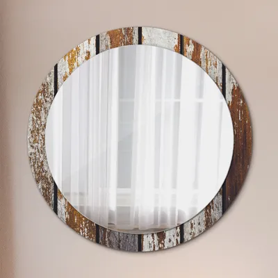 Produktbild von Ø90cm Spiegel - Glasrahmen mit Aufdruck - Wandspiegel Schlafzimmer - vintage dunkel Holz