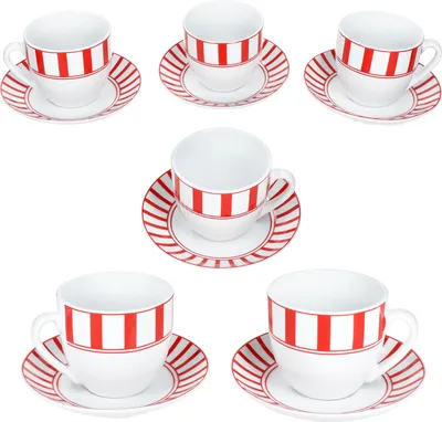 Immagine prodotto di Tazze da caffè divise a righe rosse con piattini per 6 persone in porcellana per tè a righe