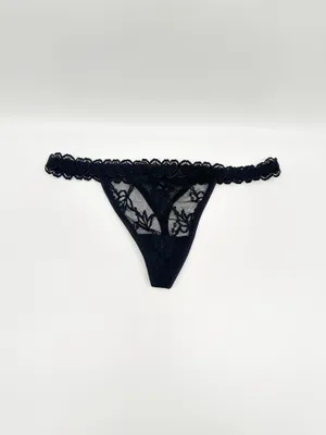 Produktbild von Damen String Tanga transparent Spitze Mesh florales Muster - schwarz