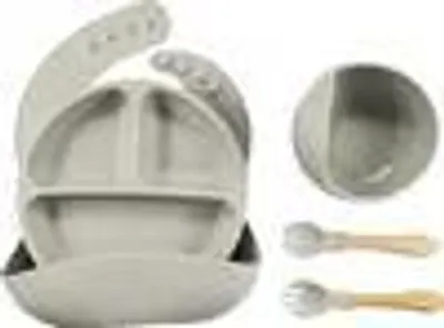 Produktbild von Kinderteller Sets Baby Teller Silikon,5 Stücke Rutschfest Geschirr Sets Babyteller Schüssel mit Saugnapf Lätzchen Löffel Gabel Kindergeschirr für Kleinkinder