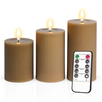 Three brown LED candles of varying heights are displayed on a white background, with a remote control in the foreground.
