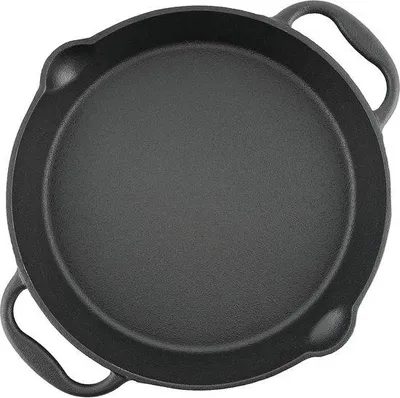 Zdjęcie produktu dla Patelnia żeliwna Unyqoos® o średnicy 25 cm, wstępnie przypieczona, z 2 uchwytami i 2 wlewkami, przeznaczona do użytku na kuchence, płycie indukcyjnej, w piekarniku i na grillu