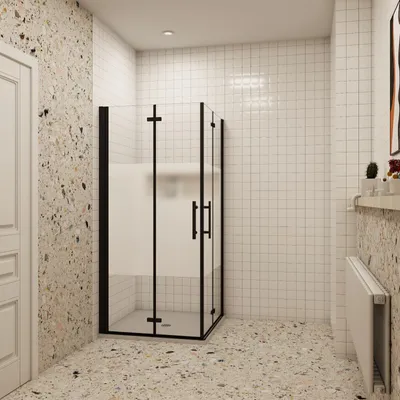A modern bathroom with a black-framed glass shower enclosure.