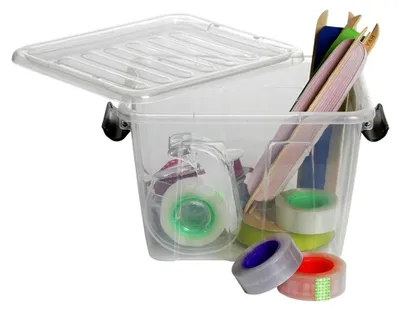 Produktbild von Aufbewahrungsbox mit Deckel und Klickverschluss, stapelbar, transparent, grau (30L)