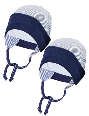 Produktbild von TupTam Baby Erstlingsmütze mit Ohrenklappen 2er Pack, Farbe: Streifenmuster Dunkelblau, Größe: 50-56