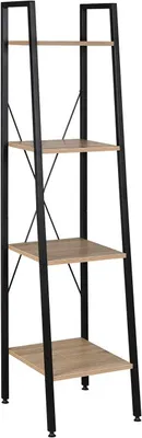 Produktbild von Standregal aus Metall und Holz mit 4 Ablagen | Schwarz + Eiche hell | 34x35x148 cm