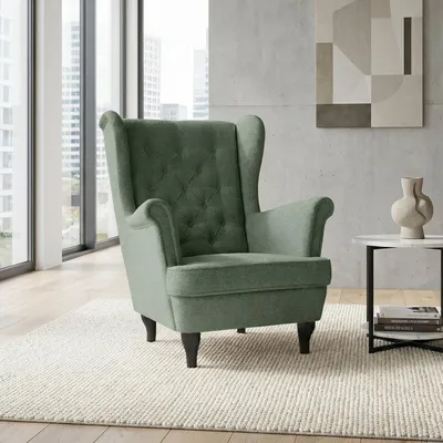 Produktbild von Ohrensessel mit Steppung, Sessel im Chesterfield Stil FALCO (Stoff: Raven 77 - Grün, Beinefarbe: Wenge)