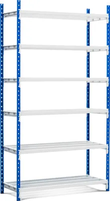 Produktbild von Fachbodenregal MAXIMUS Pro | Grundregal | HxBxT 260x150x120cm | 6 Ebenen | offener Fachboden | Fachlast 236kg | Lichtblau/Lichtgrau