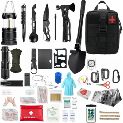 Produktbild von 206-teiliges Survival Kit, wasserabweisend & kompakt Outdoor Notfall Überlebenspaket für Camping, Wandern, Auto & Notfall