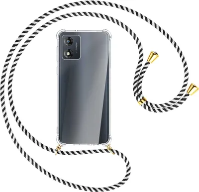 Produktbild von Handykette Backcover-Schutzhülle mit Band (Metall goldfarben) für Motorola Moto E13 (6.5'') - schwarz/weiß gestreift