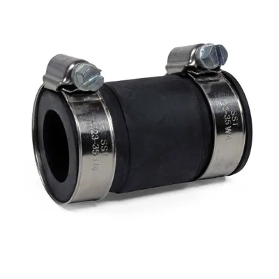 A close-up studio shot of a rubber hose connector with two metal hose clamps.