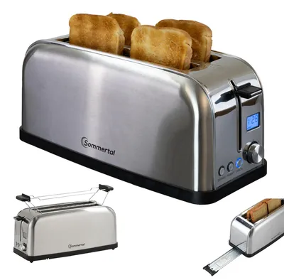 Immagine prodotto di Tostapane Sommertal ST1500 XXL, 4 fette con attacco per panini, display con timer e indicatore del tempo rimanente, tostapane a fessura lunga tempo rimanente, design retrò a fessura lunga in acciaio inox 1500W