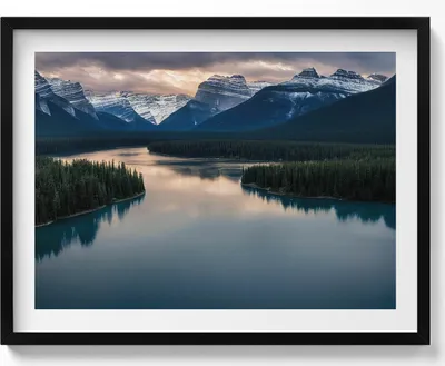 Produktbild von Flusslandschaft aus Wäldern und Bergen– Wandbild mit Rahmen – Gerahmtes Bild  – Wanddekoration – 80x60 cm –  Schwarz Rahmen