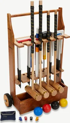 Produktbild von Ubergames - Executive Croquet-Set - Englisches Gartenspiel - 4 Personen - Eschenhartholz - Plastikbälle - Mit Trolley