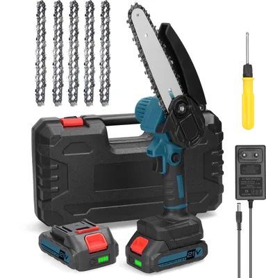 A set of tools for cutting wood, including a mini chainsaw, batteries, chains, a charger, a storage case, and a screwdriver, arranged on a white background.