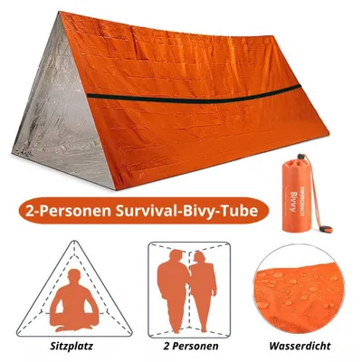 Produktbild von 2-Personen Survival-Bivy-Tube – Wiederverwendbares SOS-Notzelt aus Mylar, Wasserdicht