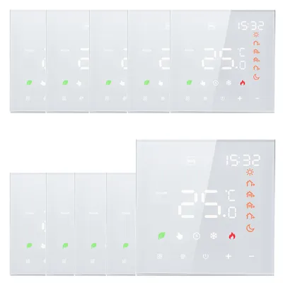 A set of smart thermostats displayed on a white background.