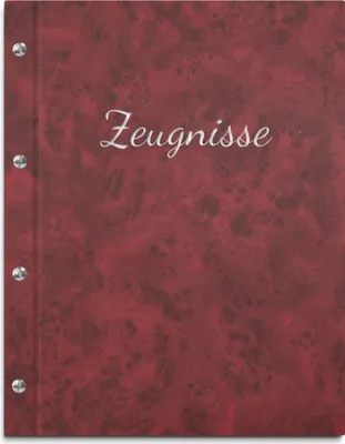 Produktbild von Zeugnismappe im roten Einband in Marmoroptik, mit hochwertiger Beschriftung in silber – handgefertigte Mappe inkl. 12 Sichthüllen
