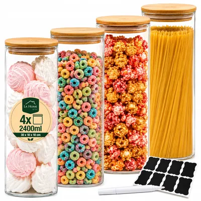 Produktbild von Vorratsdose Glas 2400 ml 4er-Set mit Bambusdeckel – Vorratsglas 30 cm hoch, Aufbewahrungsglas für Spaghetti, Nudeln, Mehl, Reis, Kaffee