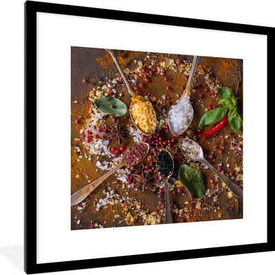 Produktbild von MuchoWow® Gerahmtes Poster Gewürze - Kräuter - Löffel - Salz - Braun - Küche 40x40 cm - Poster mit Schwarzem Bilderrahmen Wandposter Rahmen Foto Bilder - Poster - Plakat im Rahmen