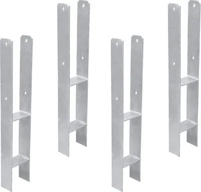 Four metal H-shaped post anchors are arranged in a row against a white background.