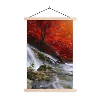 Produktbild von MuchoWow® Textilposter Wasserfall - Felsen - Wasser - Herbst 40x60 cm mit holzfarbenen Rahmen - Poster
