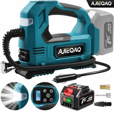 Produktbild von AJIEQAQ Akku-Luftkompressor 21V 4,0Ah, 150 PSI Reifenfüller mit Auto-Stopp, 12V Kfz-Anschluss, LED, SOS, für Auto, Motorrad & Fahrrad