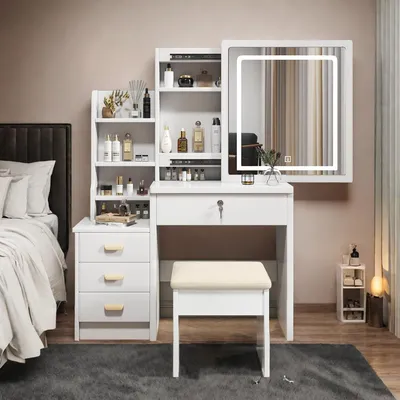 Produktbild von okwish Schminktisch mit Großer Spiegel,Led Beleuchtung,inklusive Hocker,Helligkeit Verstellbar,Schminkkommode mit 4 Schubladen,offenen Fächern,Weiß