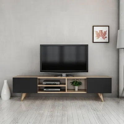 Immagine prodotto di Mobile TV Assens 2 ante e vani portaoggetti Panca TV 40 x 160 x 31 cm Tavolo TV 2 ante a ribalta e vani portaoggetti Mobile TV ribassato Mobile TV rovere / nero