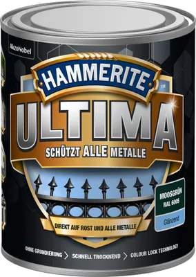 Produktbild von Hammerite Metallschutzlack Ultima Glänzend, Hochwertiger Schutzlack für alle Metalle im Außenbereich, Moosgrün, RAL 6005, 750 ml