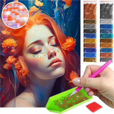 Produktbild von ARTULIO - Diamond Painting Set - Frauenporträt mit Orangen Blumen - 40 x 30 cm - AB Steine, AB Diamant - Bilder DIY, Crystal Art