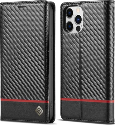 Obrázek produktu pro Pouzdro pro iPhone 12 Mini Karbónové kožené pouzdro s držákem karet, magnetem a stojánku černé Horizontální červené