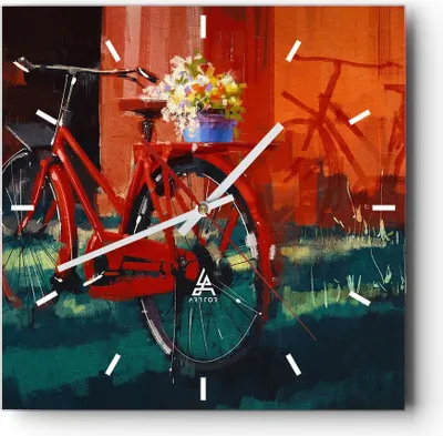 Produktbild von Wanduhr - Quadrat - Glasuhr - Fahrrad Blumen - 30x30cm - Schleichendes Uhrwerk - Lautlos - zum Aufhängen bereit - Dekoration Modern - Wanddekoration aus Glas - C3AC30x30-3712