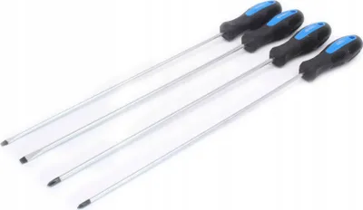 Four long screwdrivers are laid out diagonally on a white background.