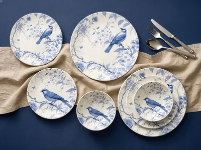 Image de Hermia Concept, ensemble de vaisselle élégant de 24 pièces, 100% céramique, blanc et bleu | 12345