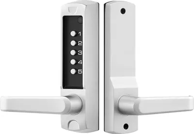 Produktbild von SucceBuy Mechanisches Codeschloss mit einseitigem Tastenschloss (5-stelliger Code), schlüsselloses Türschloss mit Griff und automatischer Verriegelung, geeignet für Haustüren, Gartentore, Garagen und den Außenbereich, Silber