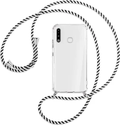 Produktbild von Handykette Backcover-Schutzhülle mit Band (Metall silberfarben) für Samsung Galaxy A70e - schwarz/weiß gestreift