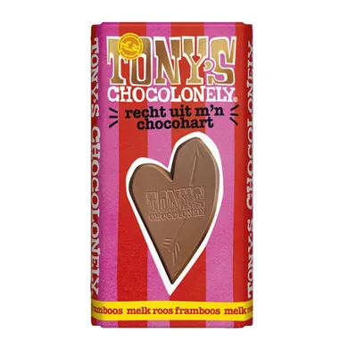 Produktbild von Tony's Chocolonely Lief chocoladereep - Chocoladecadeau- Melk Roos Framboos - Hart - 180 gram