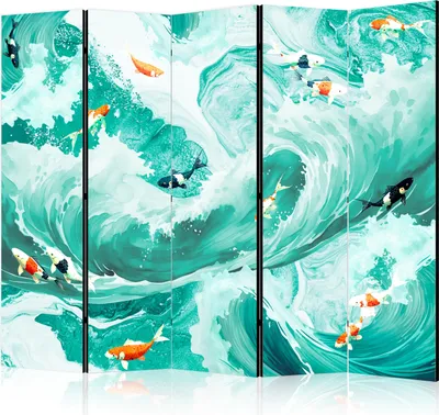 Produktbild von 5-teiliger Doppelseitiger Vlies Paravent - Koi Fish Among Waves - Japanese Fish Amid Waves in Shades of Turquoise And White 225x172 cm g-C-10142-z-b