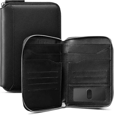 Produktbild von PolkaHome® Lederne Passporthülle für 4-8 Reisepässe, Reisedokumenten-Organizer mit Reißverschluss, Schwarz, 19,5 x 13,5 x 2,3 cm,