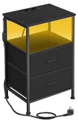 Obrázek produktu pro Noční stolek s LED osvětlením a nabíjecí stanicí, 2 zásuvky, otevřená přihrádka | Černá barva | 39,6 x 30 x 60,4 cm
