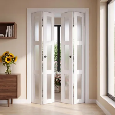 Image de VEVOR, ensemble complet de porte pliante coulissante, dimensions 1219 mm (quatre panneaux de 305 mm) x 2032 mm, verre dépoli, pour armoires et chambres, ensemble de 4 pièces, porte pliante coulissante avec accessoires en métal et cadre composite, style moderne, élégant et gain de place, couleur blanche