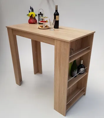 A light wood tone bar table with shelves on the side, set against a white background.