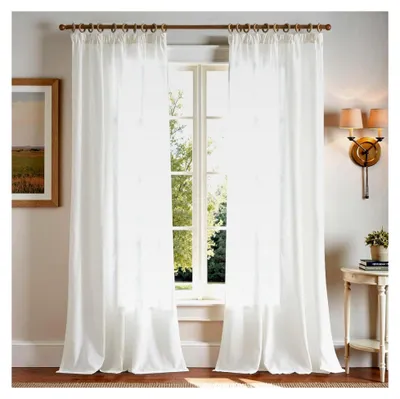 Produktbild von Weiße Gardinen mit Kräuselband aus Leinen für Wohnzimmer und Schlafzimmer, lichtdurchlässige Vorhänge im Landhausstil, 2er Set 140Bx245H cm