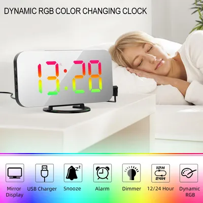 Obrázok produktu pre Digitálny budík s dynamickým RGB svetlom Stmievateľný jas Nastaviteľná funkcia Snooze USB nabíjačka Zrkadlové hodiny 12H/24H pre spálňu Domáce kancelárie Nástenný