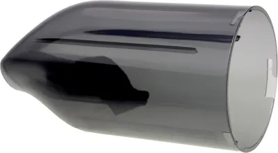 A close-up, studio shot of a gray, transparent plastic dust container with a pointed front and a cylindrical back.