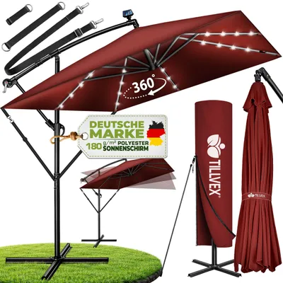 Image de tillvex® Alu Parasol Rectangulaire Ø 330 cm avec LED Solaire Rouge + Couverture avec Manivelle | Parasol Ampli avec Support & Paravent | Parasol de jardin anti-UV, étanche, pivotant à 360° | Parasol à Manivelle Marché