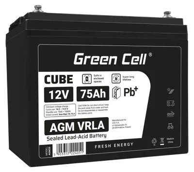 Produktbild von Green Cell AGM12V75AH-J, 12 V, 75 Ah, 1 Stück(e), 5 Jahr(e), Schwarz, Plombierte Bleisäure (VRLA)