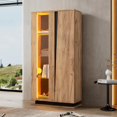 A modern wooden display cabinet with LED lighting is shown in a living room setting.